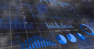İstatistik ve finansal veri işleme animasyonu. Dijital olarak oluşturulmuş küresel bağlantılar, iş, finans, bilgisayar ve veri işleme kavramı.