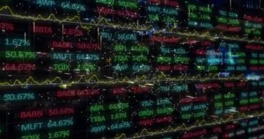 Yol trafiğinde finansal veri işleme animasyonu. Küresel iş, finans, hesaplama ve veri işleme kavramı dijital olarak oluşturulmuş video.