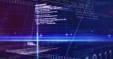 İkili kodlama ve şebeke üzerinde finansal veri işleme animasyonu. Küresel iş, finans, hesaplama ve veri işleme kavramı dijital olarak oluşturulmuş video.