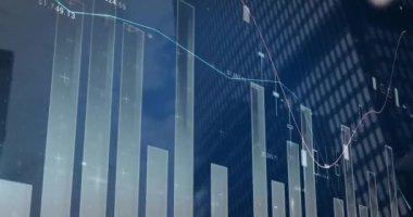 Modern bina üzerinde istatistik ve finansal veri işleme animasyonu. Dijital olarak oluşturulmuş küresel bağlantılar, iş, finans, bilgisayar ve veri işleme kavramı.