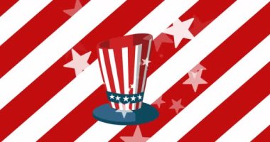 Amerika Birleşik Devletleri bayrağı üzerinde yıldız ve silindir şapka animasyonu. Amerikan bağımsızlığı, gelenek ve kutlama konsepti dijital olarak oluşturulmuş video.