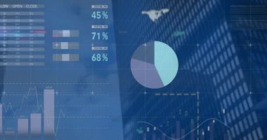 Modern bina üzerinde istatistik ve finansal veri işleme animasyonu. Dijital olarak oluşturulmuş küresel bağlantılar, iş, finans, bilgisayar ve veri işleme kavramı.