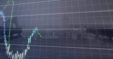 Animation of financial data processing over cityscape. Global business, finances, computing and data processing concept digitally generated video.
