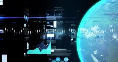 Animation of financial data processing over globe. Global business, finances, computing and data processing concept digitally generated video.