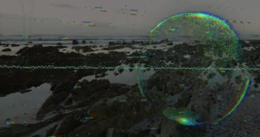 Dünya 'nın ve denizin üzerinde işlenen verilerin animasyonu. Küresel iş, finans, hesaplama ve veri işleme kavramı dijital olarak oluşturulmuş video.