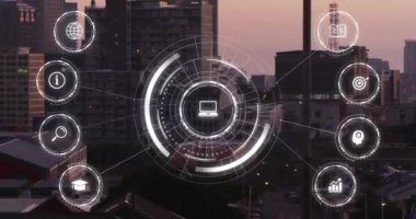 Şehir manzarası üzerindeki simgelerle bağlantı ağının animasyonu. küresel iş ve dijital arayüz kavramı dijital olarak oluşturulmuş video.