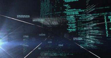 Animation of data processing over light trails. Global business and digital interface concept digitally generated video.