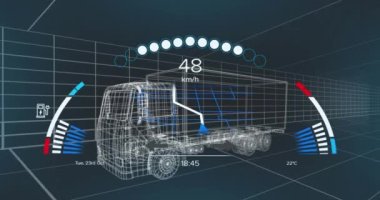 3D kamyon çizimi üzerinde hız göstergesi veri işleme animasyonu. Küresel otomobil endüstrisi, iş dünyası, finans, bilgisayar ve veri işleme kavramı dijital olarak oluşturuldu.