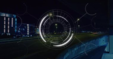 Şehir manzarası üzerinde tarama yapan bağlantı ağının animasyonu. Küresel iş ve dijital arayüz kavramı dijital olarak oluşturulmuş video.