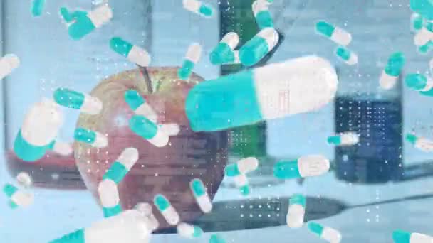 Animering Fläckar Och Fallande Piller Över Färgglada Vätskor Bägare Och — Stockvideo
