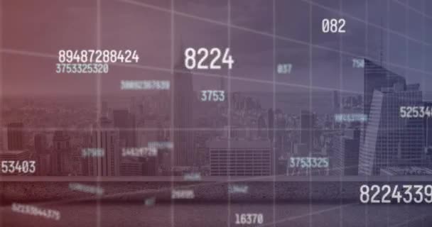 Animación Números Procesamiento Datos Través Del Paisaje Urbano Negocios Globales — Vídeos de Stock