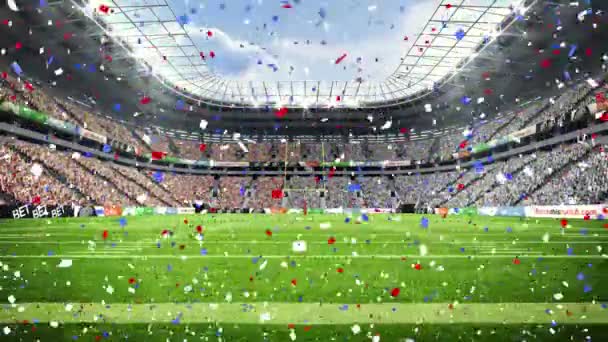 Animação Cair Confete Sobre Estádio Rugby Competição Esportiva Global Celebração — Vídeo de Stock