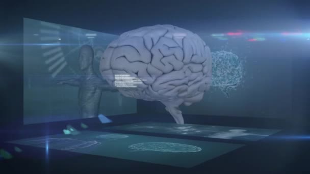 デジタル脳の回転によるデータ処理のアニメーション グローバル科学とデジタルインターフェースの概念デジタル生成されたビデオ — ストック動画