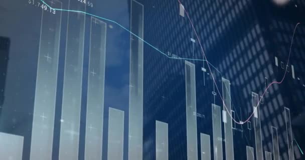 Animación Estadísticas Procesamiento Datos Financieros Sobre Edificios Modernos Conexiones Globales — Vídeos de Stock
