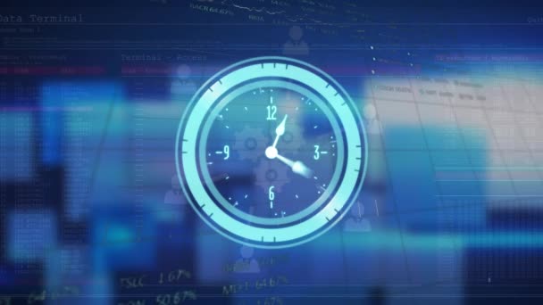Animación Del Reloj Marcando Sobre Procesamiento Datos Negocios Globales Finanzas — Vídeo de stock