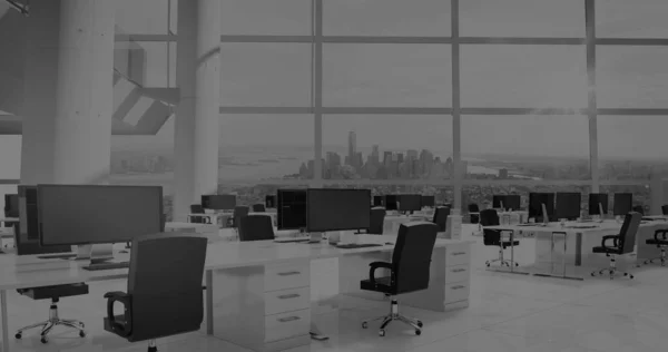 Image of empty office with computers over cityscape. Global business and digital interface, digitally generated image.