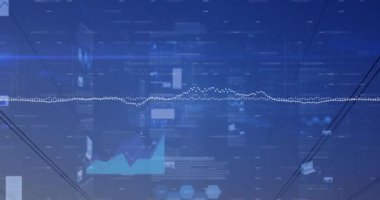 Elektrik direkleri üzerinde finansal veri işleme animasyonu. Küresel iş, finans, hesaplama ve veri işleme kavramı dijital olarak oluşturulmuş video.
