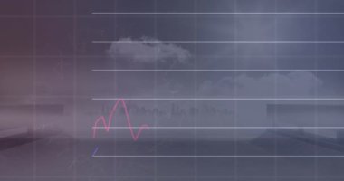 Animation of financial data processing over cityscape. Global business, finances, computing and data processing concept digitally generated video.