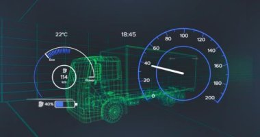 3D kamyon çizimi üzerinde hız göstergesi veri işleme animasyonu. Küresel otomobil endüstrisi, iş dünyası, finans, bilgisayar ve veri işleme kavramı dijital olarak oluşturuldu.
