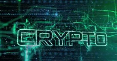 Neon bağlantı ağı üzerinden şifreli metnin animasyonu. Küresel iş ve dijital arayüz kavramı dijital olarak oluşturulmuş video.