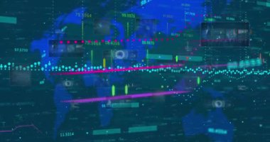 Animation of financial data processing over world map. Global business, finances, computing and data processing concept digitally generated video.