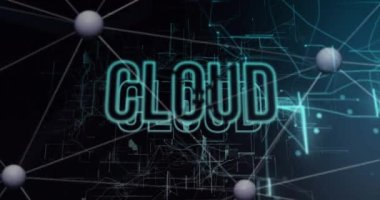 Bulut metni, bağlantılar ve veri işleme animasyonu. Küresel iş, finans, bulut hesaplama ve veri işleme kavramı dijital olarak oluşturulmuş video.