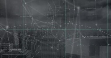 Animation of data processing over cityscape. Global business, finances, computing and data processing concept digitally generated video.