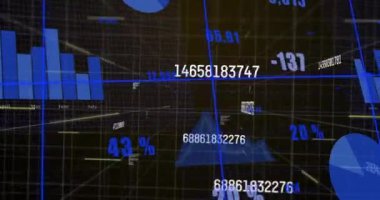 Sayılar, istatistikler ve finansal veri işleme animasyonları. Dijital olarak oluşturulmuş küresel bağlantılar, iş, finans, bilgisayar ve veri işleme kavramı.