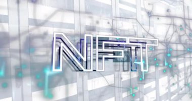 Nft metin ve veri işlemlerinin bilgisayar sunucuları üzerinden canlandırılması. Küresel iş, finans, hesaplama ve veri işleme kavramı dijital olarak oluşturulmuş video.