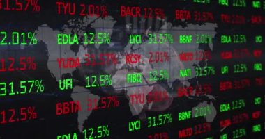 Animation of financial data processing over world map. Global business, finances, computing and data processing concept digitally generated video.