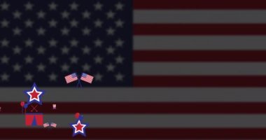 Amerika Birleşik Devletleri bayrağı taşıyan Amerikan simgelerinin animasyonu. Amerikan bağımsızlığı, gelenek ve kutlama konsepti dijital olarak oluşturulmuş video.