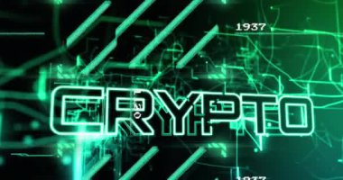 Veri işleme ve neon bağlantı ağı üzerinden şifreli metin animasyonu. Küresel iş ve dijital arayüz kavramı dijital olarak oluşturulmuş video.