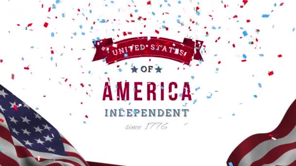 Анімація Дня Незалежності Тексту Над Конфетті Прапори Єднаних Штатів Америки — стокове відео