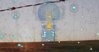 Ampul ve veri işleme bağlantılarının animasyonu. Küresel iş, veri işleme, hesaplama ve dijital arayüz kavramı dijital olarak oluşturulmuş video.