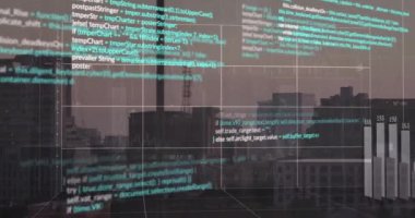 Animation of data processing over cityscape. Global business, finances, computing and data processing concept digitally generated video.