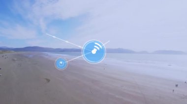 Deniz kıyısındaki bağlantı ağının animasyonu. Dijital olarak oluşturulmuş küresel bağlantılar, iş, finans, bilgisayar ve veri işleme kavramı.