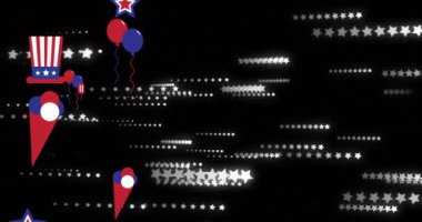Yıldızların ve simgelerin animasyonu siyah arka planda ABD bayrağı ile renklendirildi. Usa, vatanseverlik ve kutlama konsepti dijital olarak oluşturulmuş video.