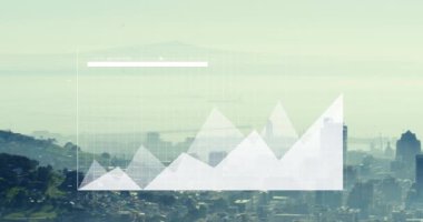 Animation of financial data processing over cityscape. Global business, finances, computing and data processing concept digitally generated video.