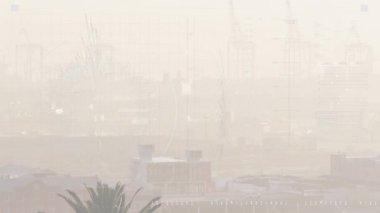 Animation of financial data processing over cityscape. Global business, finances, computing and data processing concept digitally generated video.