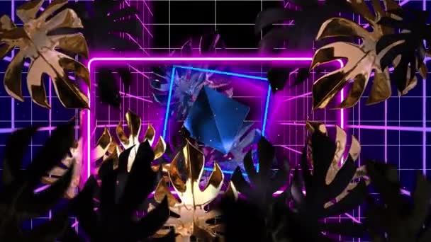 Animatie Van Bladeren Neon Schaduwen Bewegen Zwarte Achtergrond Abstract Licht — Stockvideo