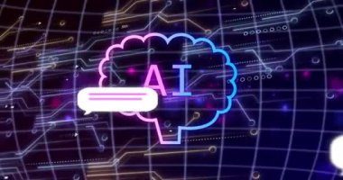 Bilgisayar devre kartının üzerinde ai veri işleme animasyonu. Küresel yapay zeka, hesaplama, dijital arayüz ve veri işleme kavramı dijital olarak oluşturuldu.