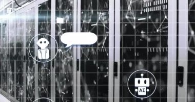 Bilgisayar sunucuları üzerinde ai metin ve veri işleme animasyonu. Küresel yapay zeka, iş, veri işleme, hesaplama ve dijital arayüz kavramı dijital olarak oluşturulmuş video.