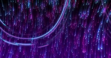 Siyah arkaplanda hareket eden veri transferinin parıldayan ışık izlerinin animasyonu. Dijital olarak oluşturulmuş küresel sanal gerçeklik, veri işleme, hesaplama ve dijital arayüz kavramı.