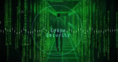 Bilgisayar sunucuları üzerinde ikili kodlama ve veri işleme animasyonu. Küresel hesaplama, dijital arayüz ve veri işleme kavramı dijital olarak oluşturulmuş video.