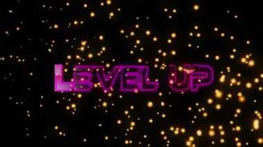 Neon şekiller üzerine seviye yükseltilmiş metin animasyonu. Video oyunu ve dijital arayüz kavramı dijital olarak oluşturuldu.