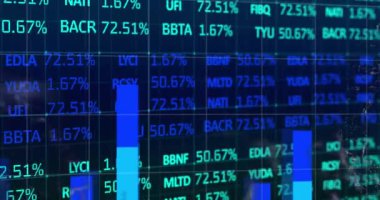 Ticaret panosunun üzerindeki grafiklerin canlandırılması, soyut arkaplan ile bağlantılı noktalar ve harita. Dijital olarak üretilen hologram, illüstrasyon, rapor, borsa, iş dünyası, iletişim, küresel konsept.