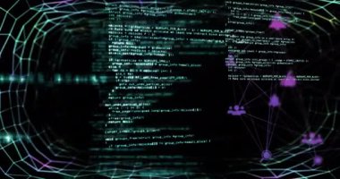 Bağlantılar ve veri işleme ağlarının animasyonu. Küresel ağlar, dijital arayüz ve dijital olarak oluşturulan veri işleme konsepti.