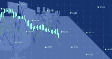 Ofis üzerinde finansal veri işleme animasyonu. Küresel iş, bağlantılar, hesaplama ve veri işleme kavramı dijital olarak oluşturulmuş video.