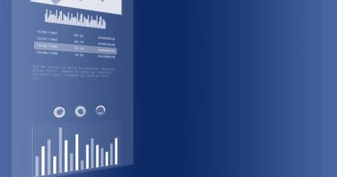 Mavi arkaplanda istatistik ve veri işleme animasyonu. Dijital olarak oluşturulmuş küresel bağlantılar, hesaplama ve veri işleme kavramı.