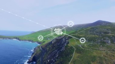 Manzara üzerindeki bağlantı ağının animasyonu. Dijital olarak oluşturulmuş küresel bağlantılar, iş, finans, bilgisayar ve veri işleme kavramı.